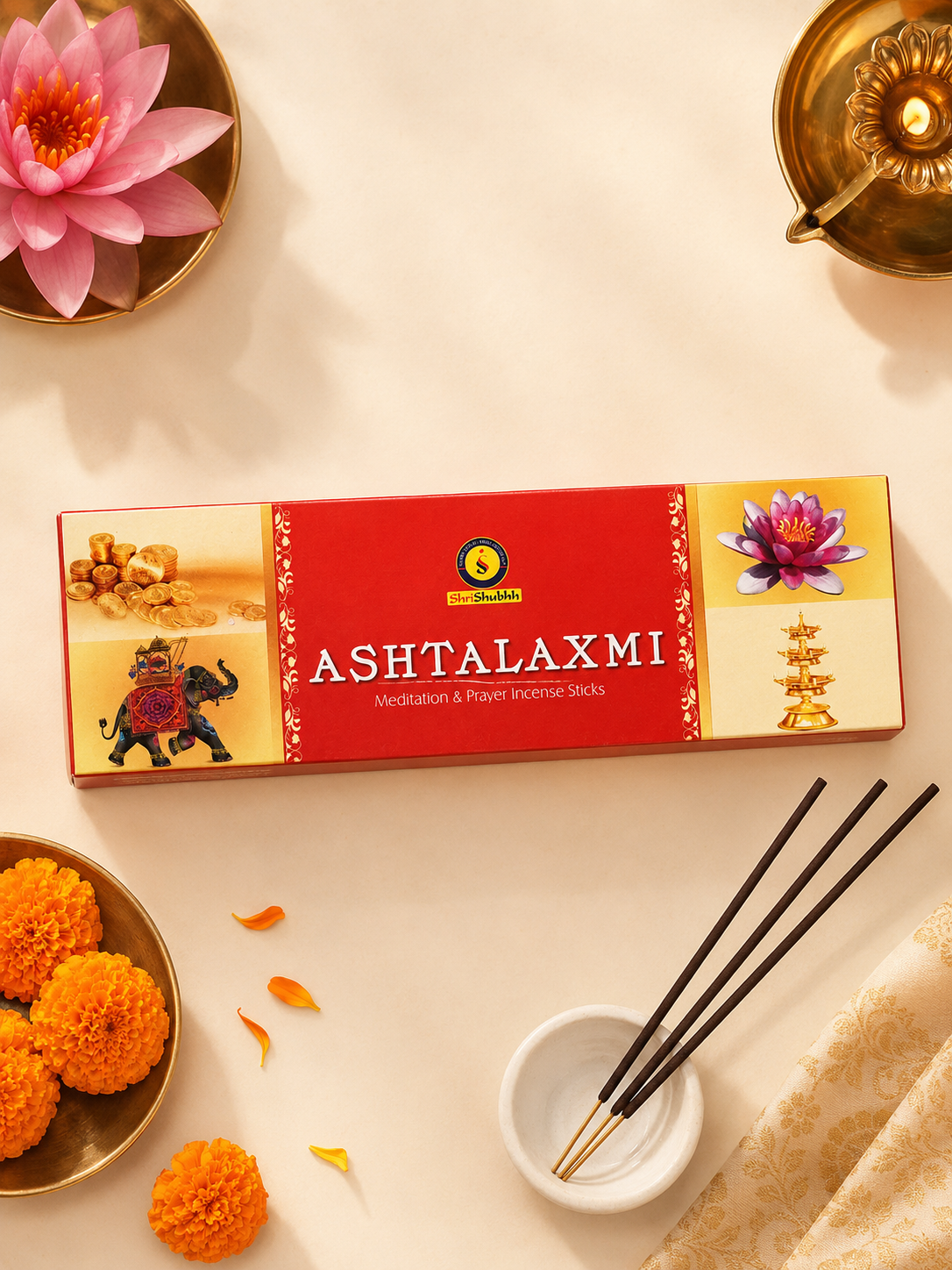 ASHTALAXMI incense sticks packaging with incense sticks and decorative elements on a light background
