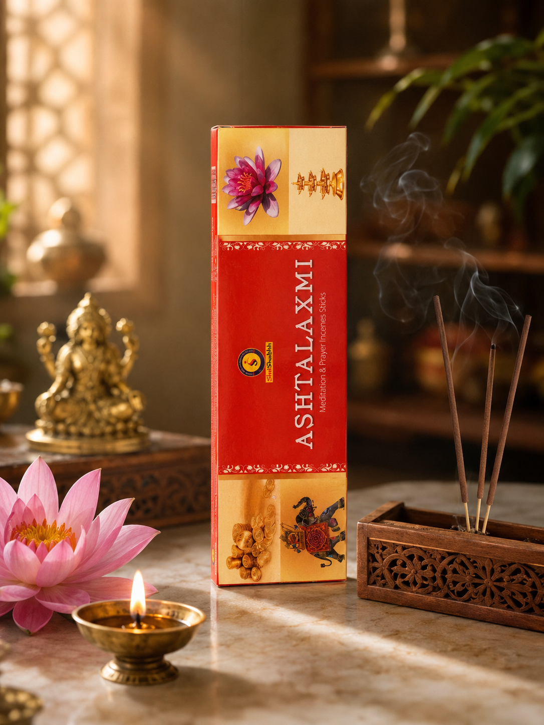 Ashirwad Alakshmi incense box with incense sticks, a lit lamp, and a pink flower on a decorative setting.