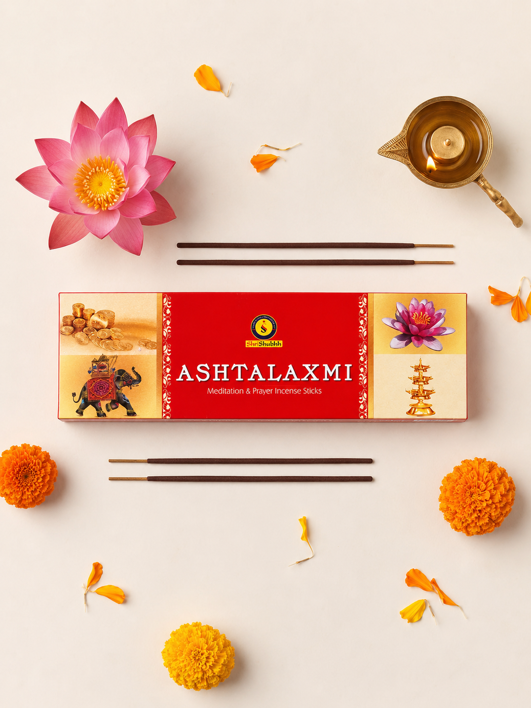 Ashtalakshmi incense sticks packaging with flowers and a lamp on a light background