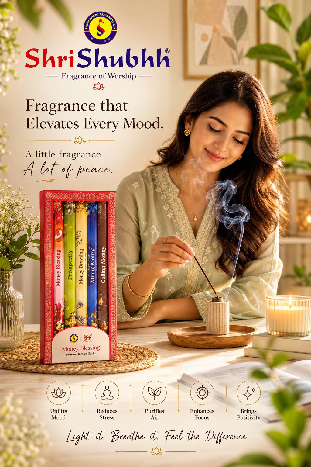 Woman lighting incense with Shri Shubhh incense sticks and packaging in a home setting.