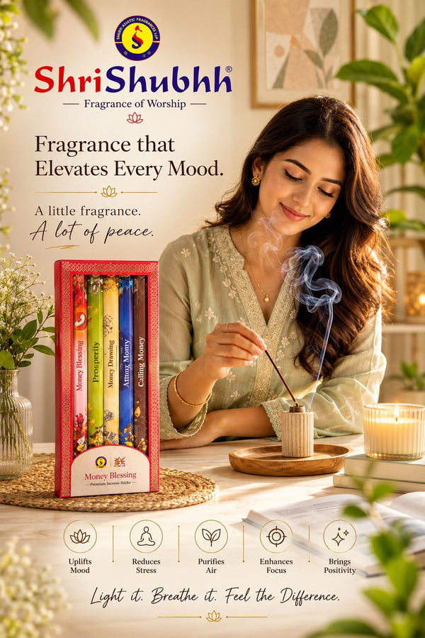 Woman lighting incense with Shri Shubhh incense sticks and packaging in a home setting.